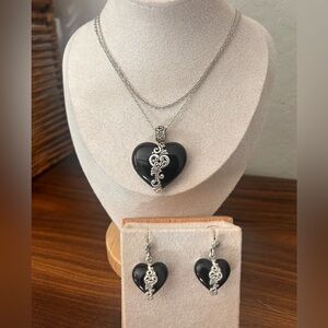 Black Heart Pendant Long Necklace and Earring Set - Silver Accents